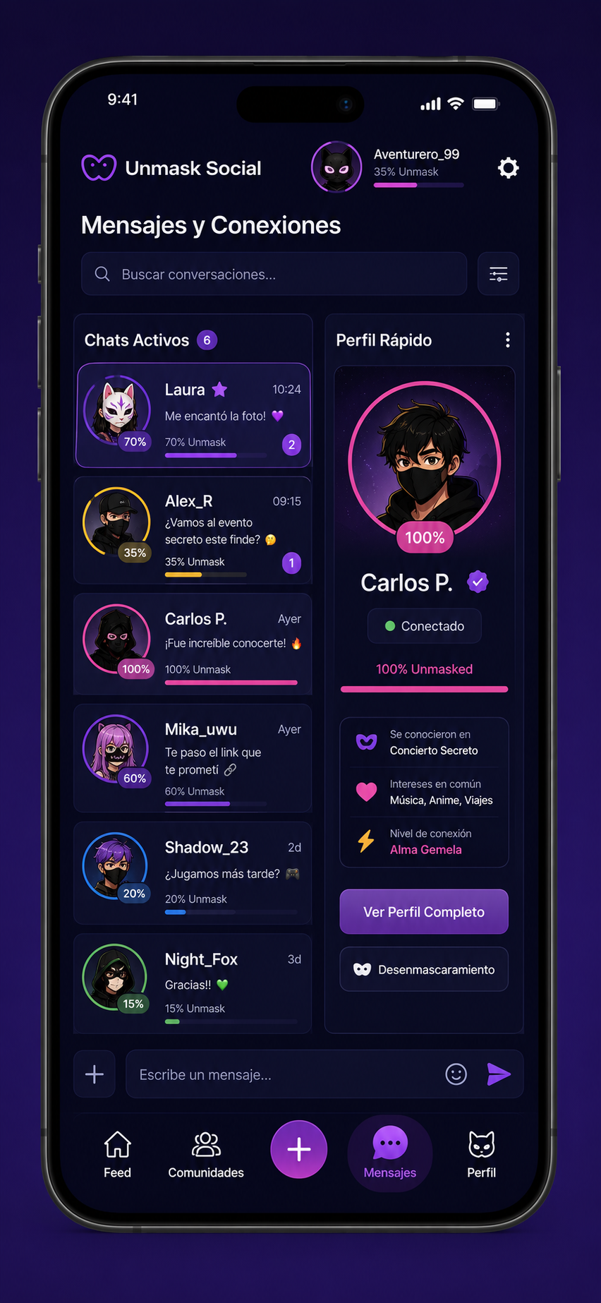 Mockup Mensajes — Unmask Social
