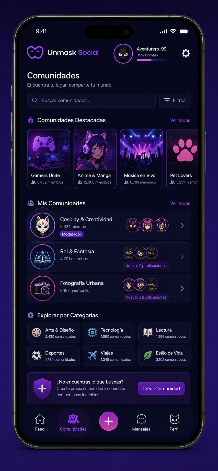 Mockup Comunidades — Unmask Social